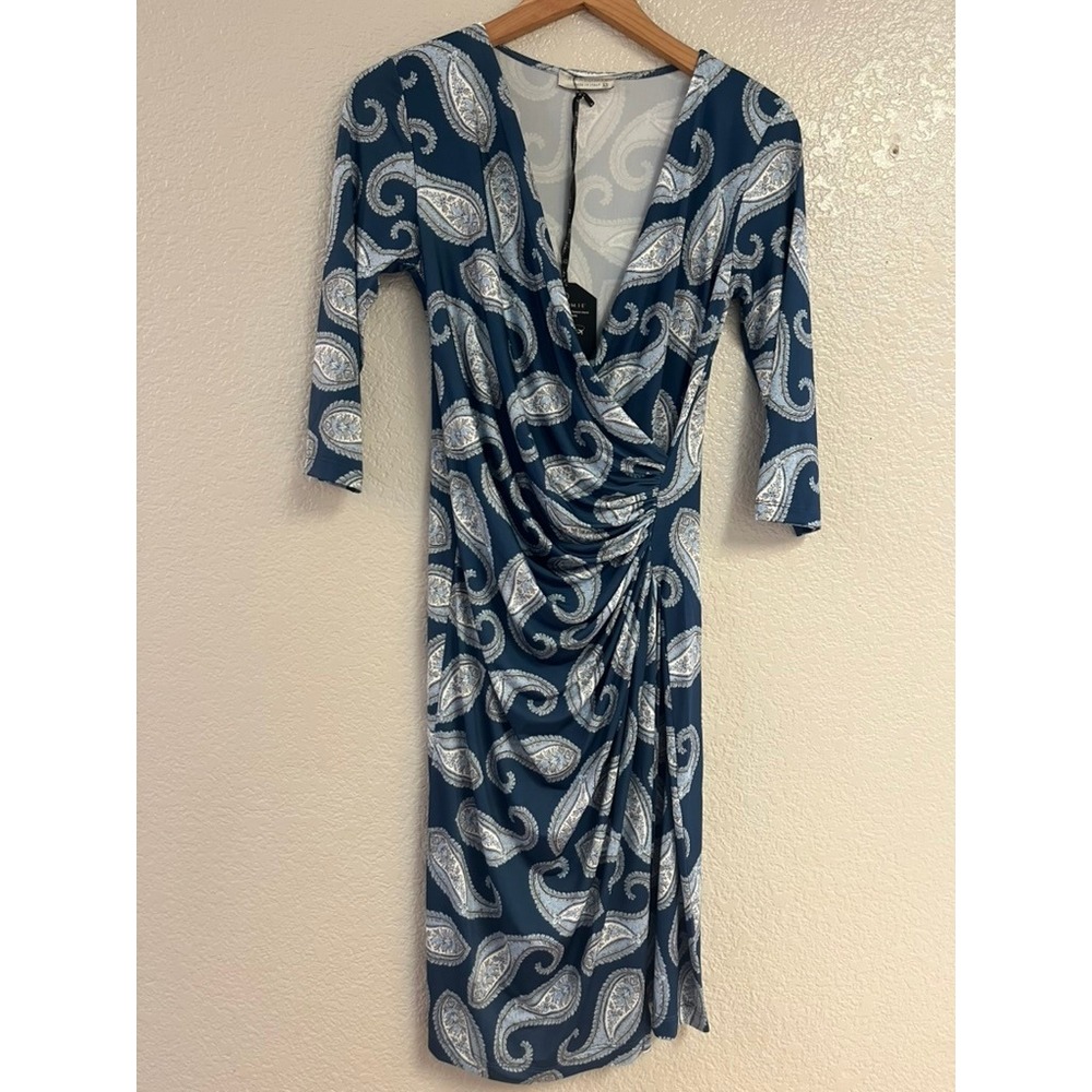 Anatomie Summer Marine Dress Blue Paisley XS Faux Wrap Ruched Travel Italy NEW